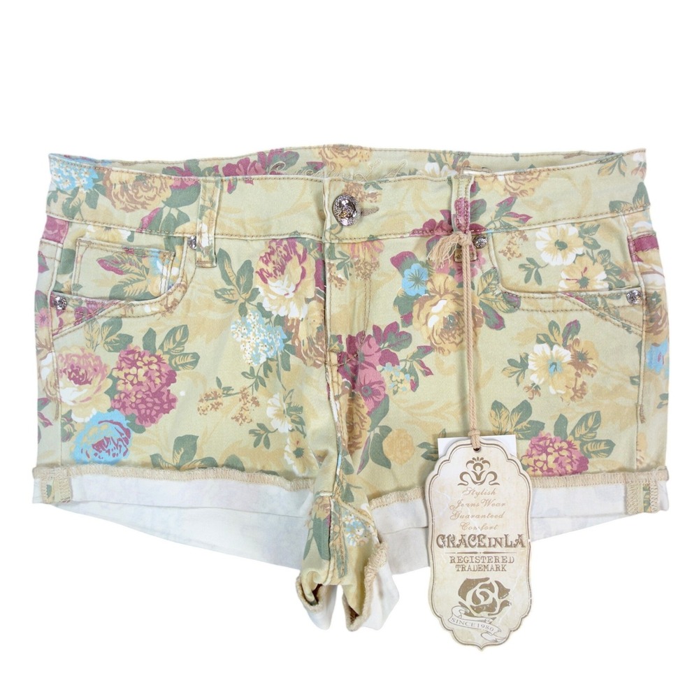 Grace in LA Y2K Floral Denim Shorts Womens 9/28 Yellow Cotton NWT JH-8462
